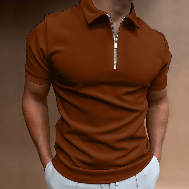 Summer Men'S Solid Color Polo Shirt Short Sleeve Turn-Down Collar Zipper Tshirts &For Men Casual Streetwear New Male Tops