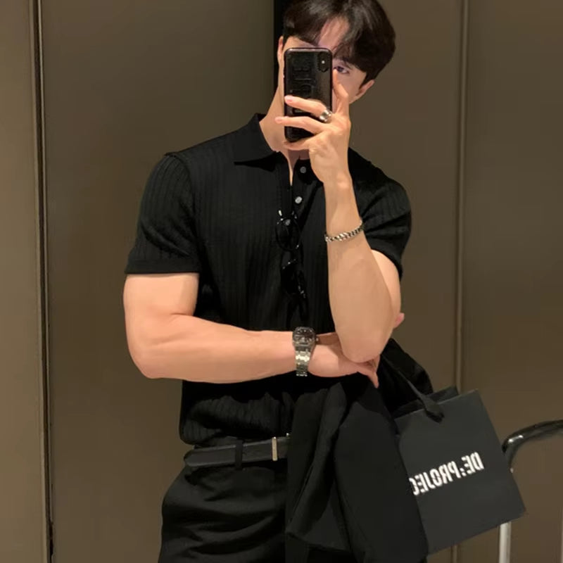 Summer Men'S Clothing Retro Knit Lapel Striped Polo Shirt Solid Color Short Sleeve Fashion Light Luxury Popular Knitwear M-3XL