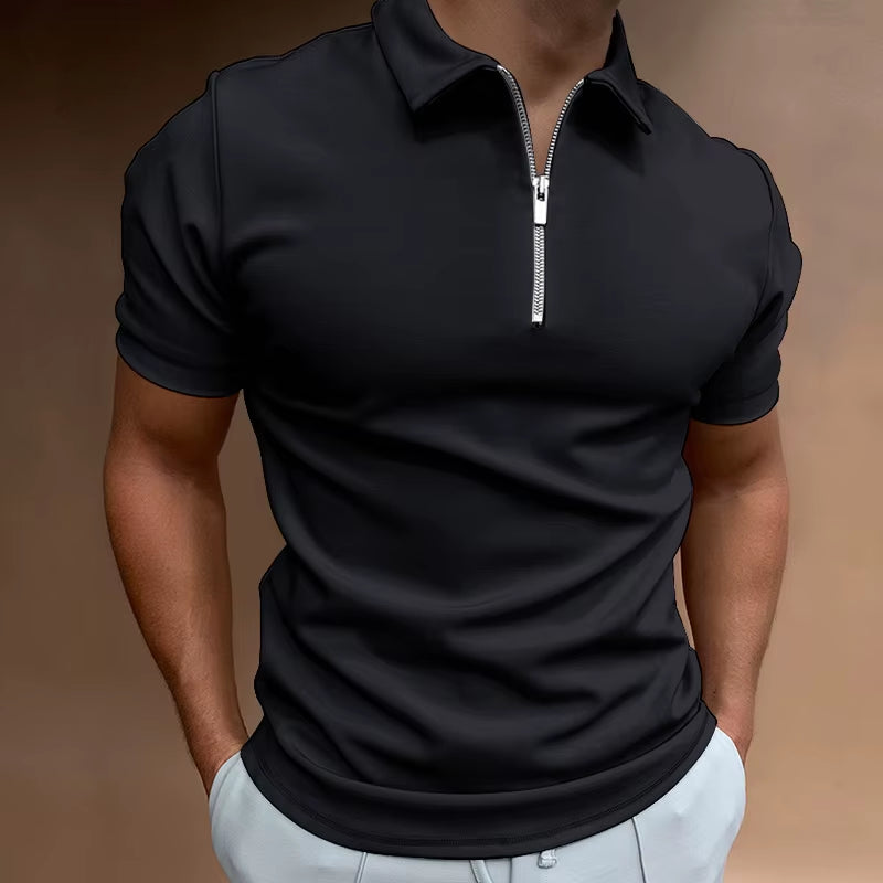 Summer Men'S Solid Color Polo Shirt Short Sleeve Turn-Down Collar Zipper Tshirts &For Men Casual Streetwear New Male Tops