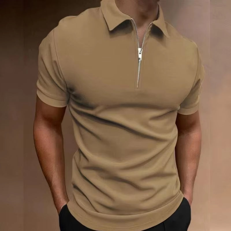 Summer Men'S Solid Color Polo Shirt Short Sleeve Turn-Down Collar Zipper Tshirts &For Men Casual Streetwear New Male Tops