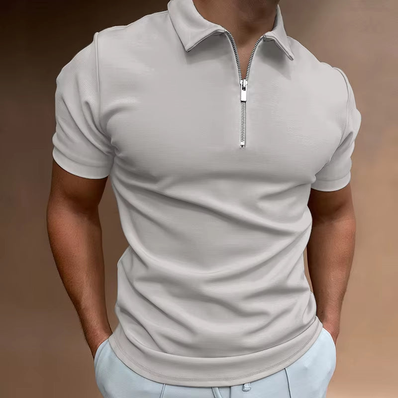 Summer Men'S Solid Color Polo Shirt Short Sleeve Turn-Down Collar Zipper Tshirts &For Men Casual Streetwear New Male Tops