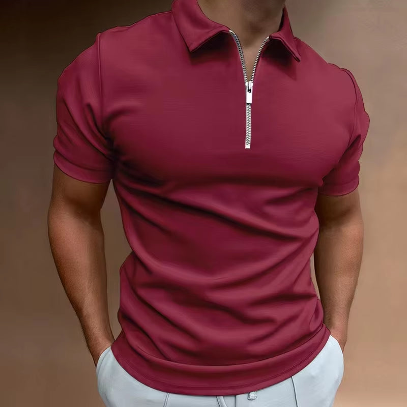 Summer Men'S Solid Color Polo Shirt Short Sleeve Turn-Down Collar Zipper Tshirts &For Men Casual Streetwear New Male Tops