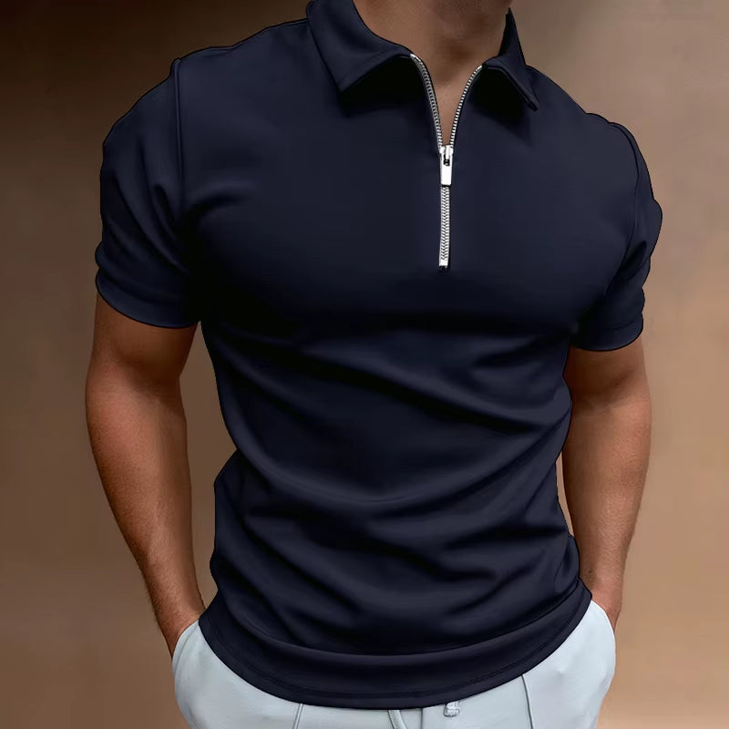 Summer Men'S Solid Color Polo Shirt Short Sleeve Turn-Down Collar Zipper Tshirts &For Men Casual Streetwear New Male Tops