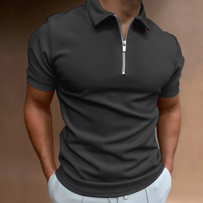 Summer Men'S Solid Color Polo Shirt Short Sleeve Turn-Down Collar Zipper Tshirts &For Men Casual Streetwear New Male Tops